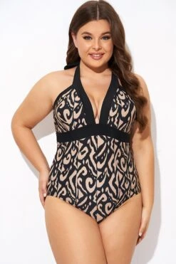 Deep V Neck Pattern Halterneck One Piece Swimsuit -Bikini Bliss Shop b deop287001 5