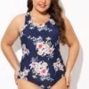 Flower Stripes Scoop Neck Cross Back One Piece Swimsuit