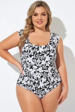 Tummy Control Cap Sleeve X-Back One Piece Swimsuit