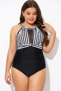 Stripe High Neck Mesh Ruched One Piece Swimsuit -Bikini Bliss Shop b deop295001 3