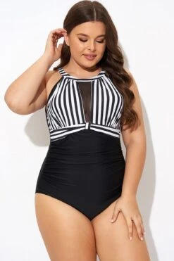 Stripe High Neck Mesh Ruched One Piece Swimsuit -Bikini Bliss Shop b deop295001 4