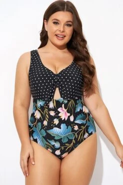 Crewneck Flower Print Polka Dots Knot One Piece Swimsuit