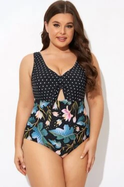 Crewneck Flower Print Polka Dots Knot One Piece Swimsuit -Bikini Bliss Shop b deop297001 3