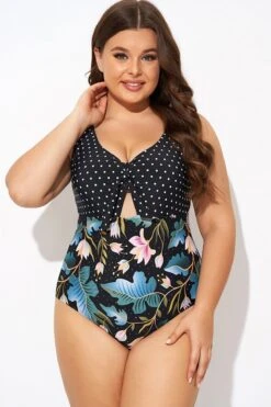 Crewneck Flower Print Polka Dots Knot One Piece Swimsuit -Bikini Bliss Shop b deop297001 4