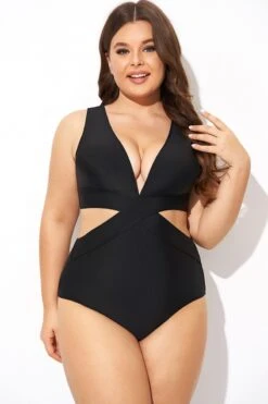 Black Cut Out Plunge Back Hook One Piece Swimsuit
