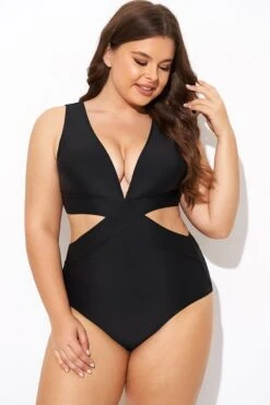 Black Cut Out Plunge Back Hook One Piece Swimsuit -Bikini Bliss Shop b deop299001 3