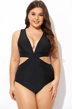 Black Cut Out Plunge Back Hook One Piece Swimsuit -Bikini Bliss Shop b deop299001 4