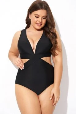 Black Cut Out Plunge Back Hook One Piece Swimsuit -Bikini Bliss Shop b deop299001 5