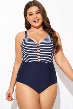 Stripe Plunge Deep V Neck One Piece Swimsuit -Bikini Bliss Shop b deop300001 4