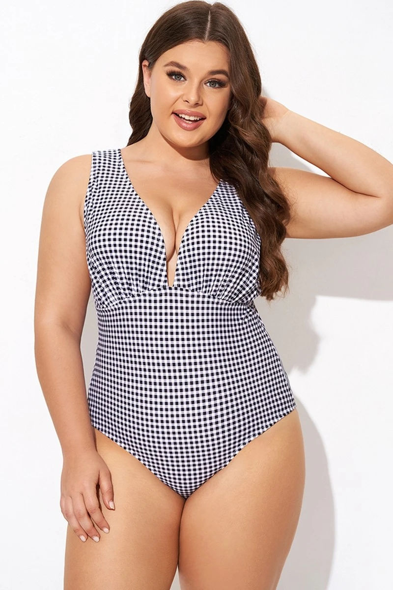 Gingham V-neck Low-cut Leg One Piece Swimsuit 4 Gingham V-neck Low-cut Leg One Piece Swimsuit - Image 4