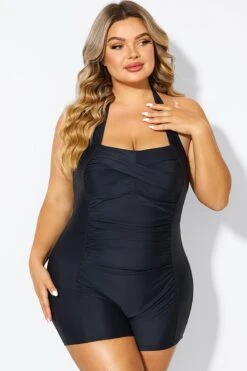 Black Ruched Panel Halter Women One Piece Swimsuit -Bikini Bliss Shop b deop303001 3