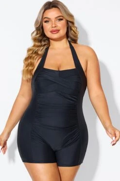 Black Ruched Panel Halter Women One Piece Swimsuit -Bikini Bliss Shop b deop303001 4