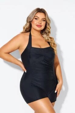 Black Ruched Panel Halter Women One Piece Swimsuit -Bikini Bliss Shop b deop303001 6