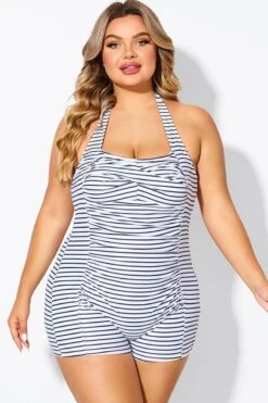 Striped Ruched Panel Halter Women One Piece Swimsuit -Bikini Bliss Shop b deop303002 1