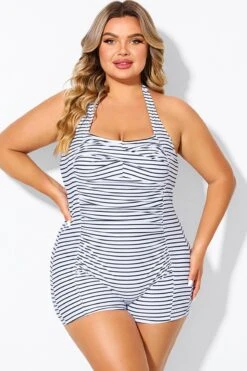 Striped Ruched Panel Halter Women One Piece Swimsuit -Bikini Bliss Shop b deop303002 3