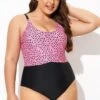 Pink Leopard Print Scoop Neck Front One Piece Swimsuit