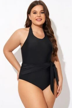 Black High-neck Halter Sash One Piece Swimsuit