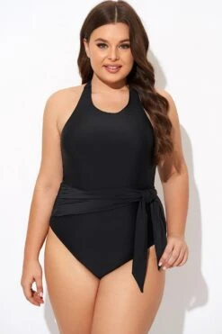 Black High-neck Halter Sash One Piece Swimsuit -Bikini Bliss Shop b deop308001 3