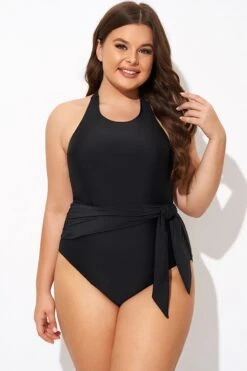 Black High-neck Halter Sash One Piece Swimsuit -Bikini Bliss Shop b deop308001 5