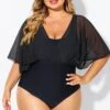 Solid Black Mesh Patchwork One Piece Swimsuit