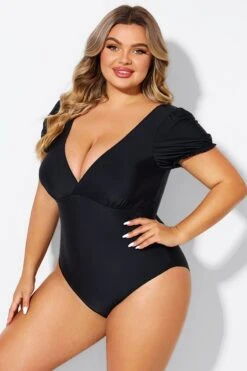 Black Wireless Puff Sleeves V-Neck One Piece Swimsuit -Bikini Bliss Shop b deop311001 4