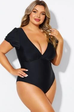 Black Wireless Puff Sleeves V-Neck One Piece Swimsuit -Bikini Bliss Shop b deop311001 6