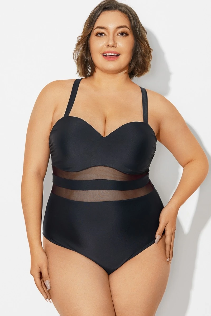 Plus Size Mesh Stitching Sling One Piece Swimsuit 1 Plus Size Mesh Stitching Sling One Piece Swimsuit