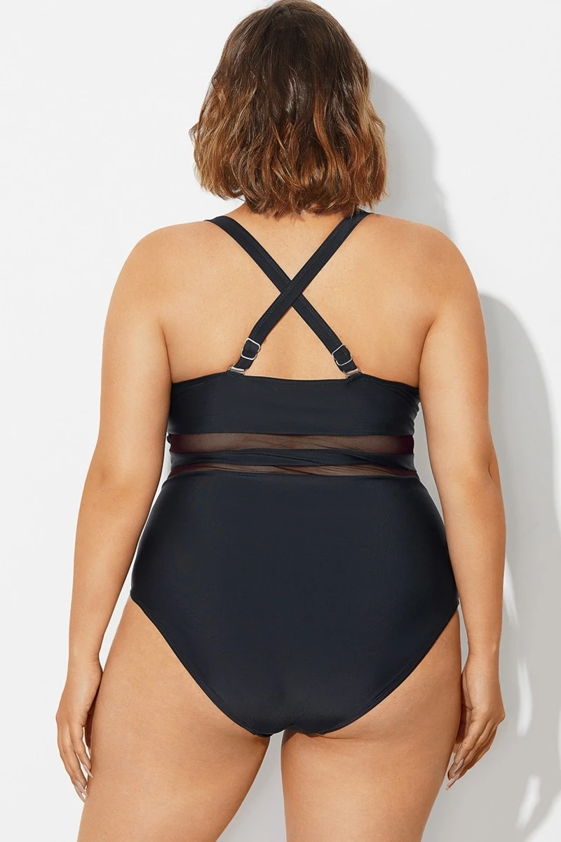 Plus Size Mesh Stitching Sling One Piece Swimsuit 2 Plus Size Mesh Stitching Sling One Piece Swimsuit - Image 2