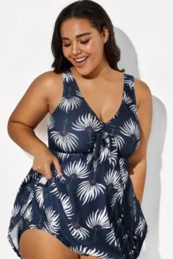 Dusty Blue Floral Print V-Neck Swimdress -Bikini Bliss Shop b desd001009 22