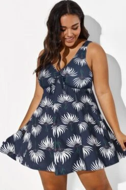 Dusty Blue Floral Print V-Neck Swimdress -Bikini Bliss Shop b desd001009 44