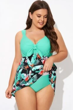 Green Flower Tie-front Wide Straps Swimdress -Bikini Bliss Shop b desd001014 3