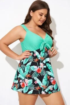 Green Flower Tie-front Wide Straps Swimdress -Bikini Bliss Shop b desd001014 6
