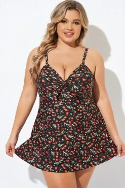 Cherry Printed Adjustable Straps V Neck Swimdress
