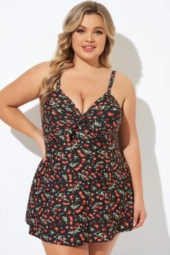 Cherry Printed Adjustable Straps V Neck Swimdress -Bikini Bliss Shop b desd006009 3