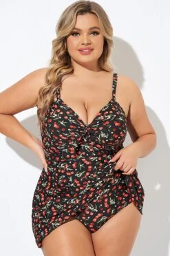 Cherry Printed Adjustable Straps V Neck Swimdress -Bikini Bliss Shop b desd006009 4