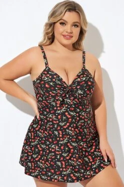 Cherry Printed Adjustable Straps V Neck Swimdress -Bikini Bliss Shop b desd006009 5