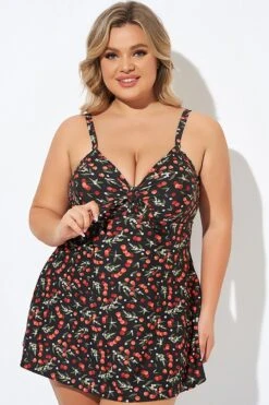 Cherry Printed Adjustable Straps V Neck Swimdress -Bikini Bliss Shop b desd006009 6
