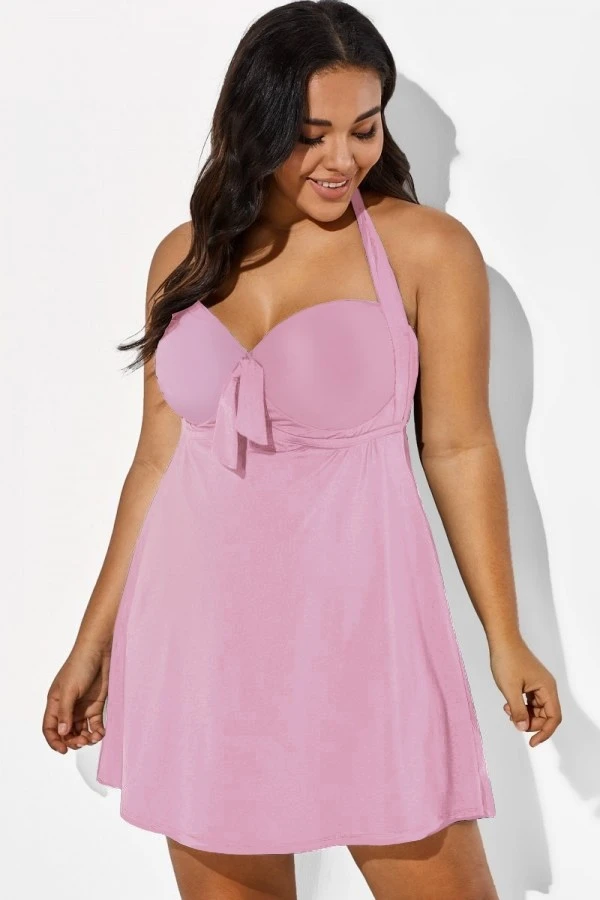 Pink Modern Self-tie Halter Straps Swimdress 3 Pink Modern Self-tie Halter Straps Swimdress - Image 3