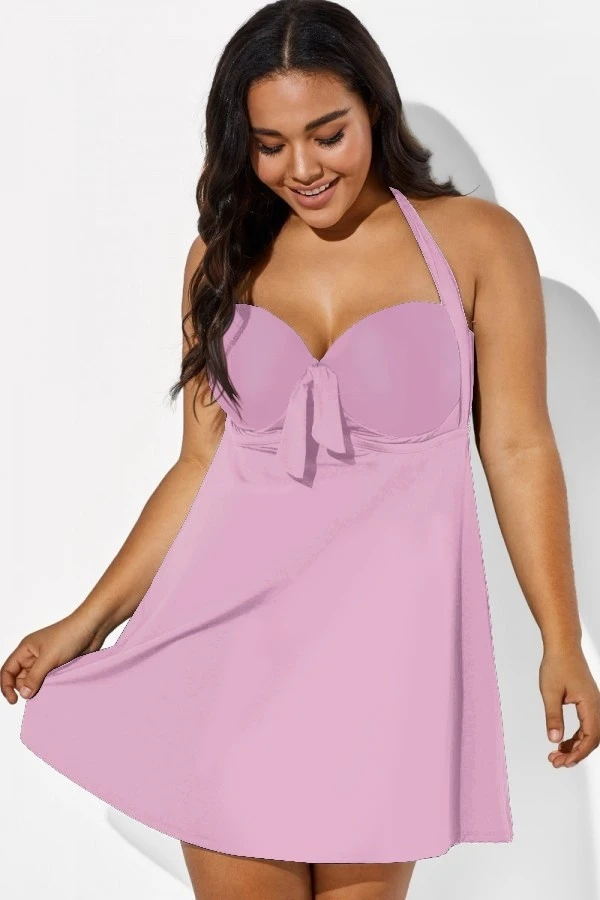 Pink Modern Self-tie Halter Straps Swimdress 1 Pink Modern Self-tie Halter Straps Swimdress