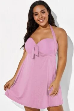 Pink Modern Self-tie Halter Straps Swimdress 8 Pink Modern Self-tie Halter Straps Swimdress -Bikini Bliss Shop b desd013003 44