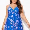 Purple Butterfly Print V-neck Loop Strap Swimdress