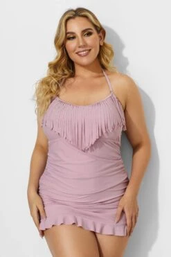 Solid Pink Fringe Ruffle Hem Bandeau Swimdress -Bikini Bliss Shop b desd033001 4