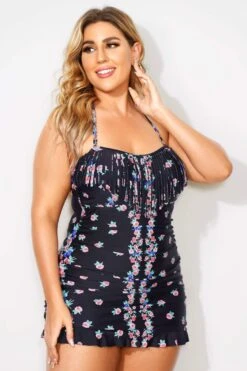 Black Floral Printed Ruffle Hem Swimdress -Bikini Bliss Shop b desd033004 4