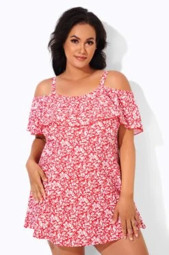 Red Floral Printed Off-the-Shoulder Swimdress -Bikini Bliss Shop b desd049001 2