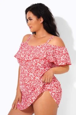 Red Floral Printed Off-the-Shoulder Swimdress -Bikini Bliss Shop b desd049001 3