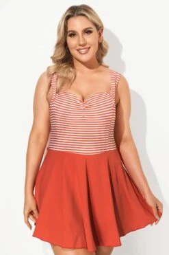 Red & White Stripe Halter Flattering Underwire Swimdress