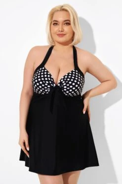 Fashion Black Dot Vintage Drawstring Closure Swimdress -Bikini Bliss Shop b desd081001 4