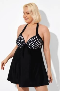 Fashion Black Dot Vintage Drawstring Closure Swimdress -Bikini Bliss Shop b desd081001 6