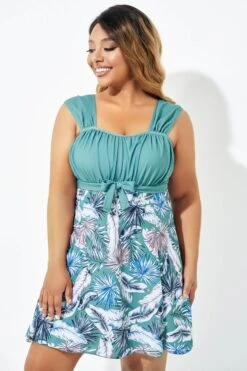 Green Leaf Print Wide Strap Knot Swimdress 9 Green Leaf Print Wide Strap Knot Swimdress -Bikini Bliss Shop b desd082001 4
