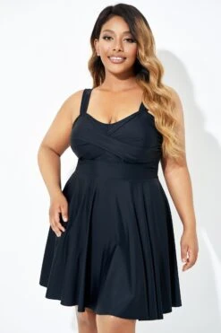 Black Adjustable Shoulder Straps Lady Flowy Swimdress -Bikini Bliss Shop b desd083001 4